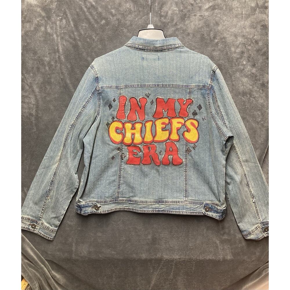 Taylor Swift Hand-Painted Denim Trucker Jacket 3X “In My Chiefs Era” Art To Wear
